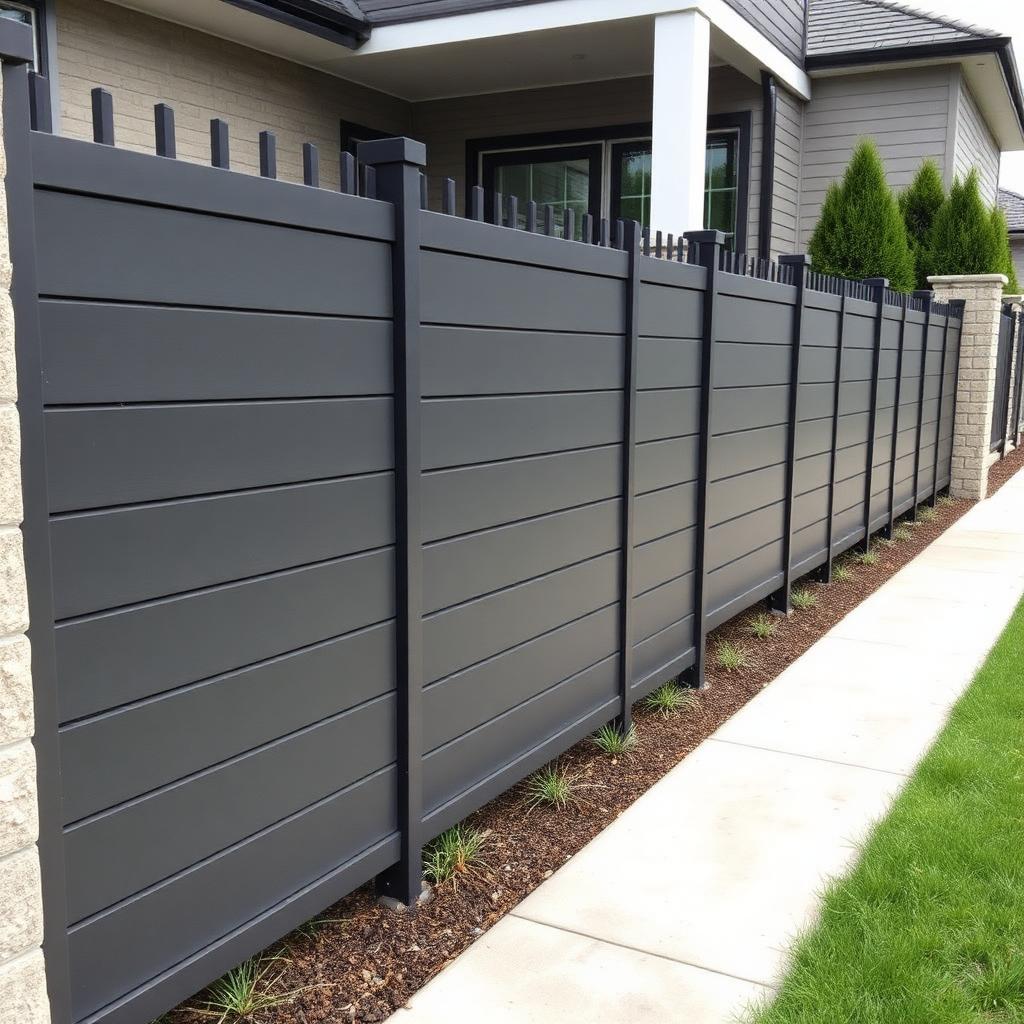 Sumontuota modernios pilkos spalvos tvora prie privataus namo